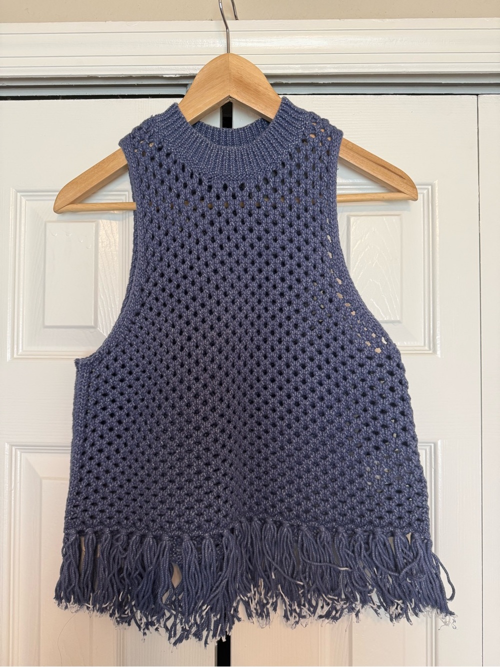 Ecote Sleeveless Knit Fringe Tank Top in Dusty Blue - XS